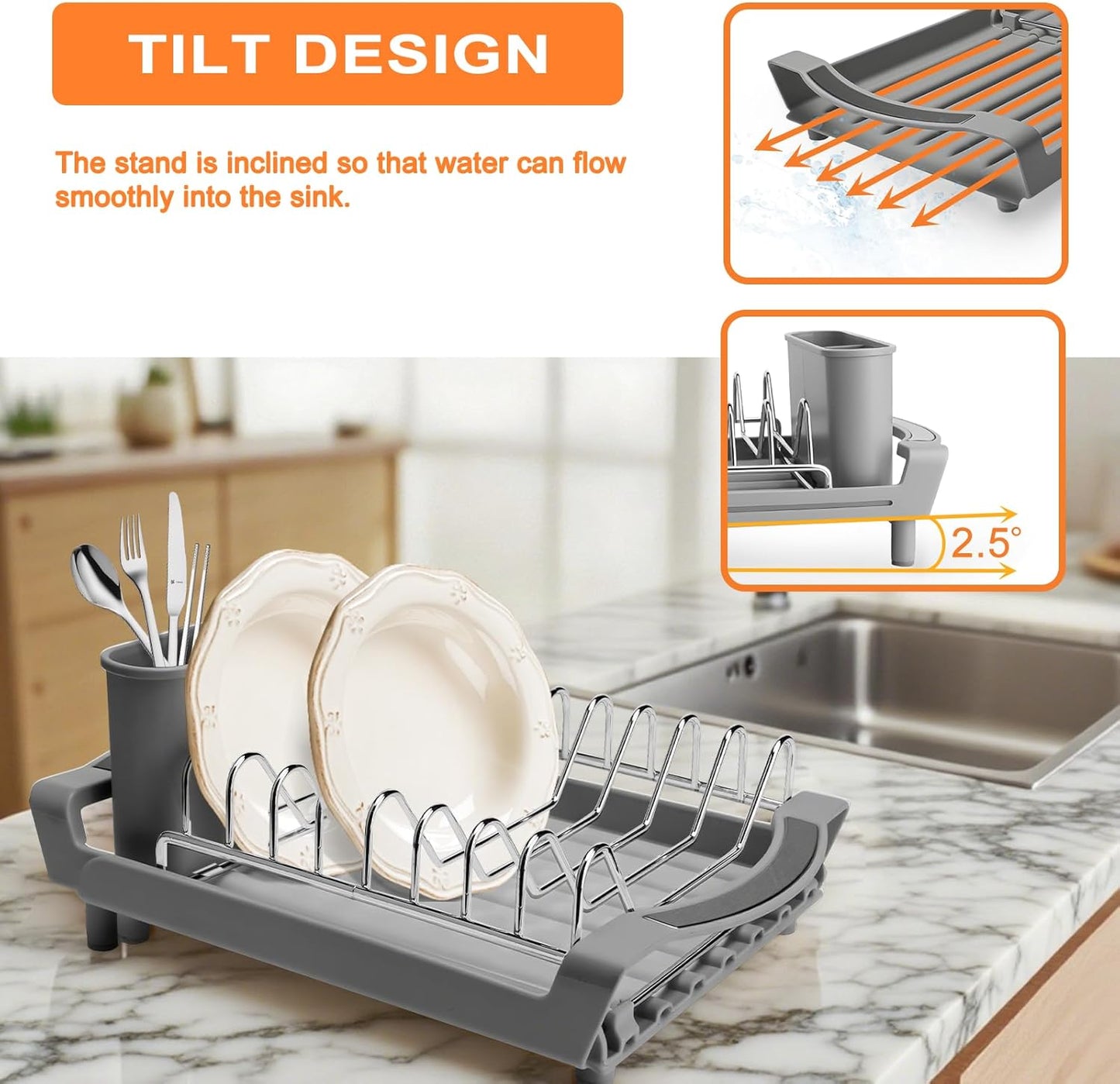 Dish Drying Rack Compact Expandable - A Space-Saving, Stainless Steel, Rust-Resistant Dish Drainer for Kitchen and Apartment Countertops/Sink Cabinets, Extendable from 11.42 to 19.9 inches (Gray)