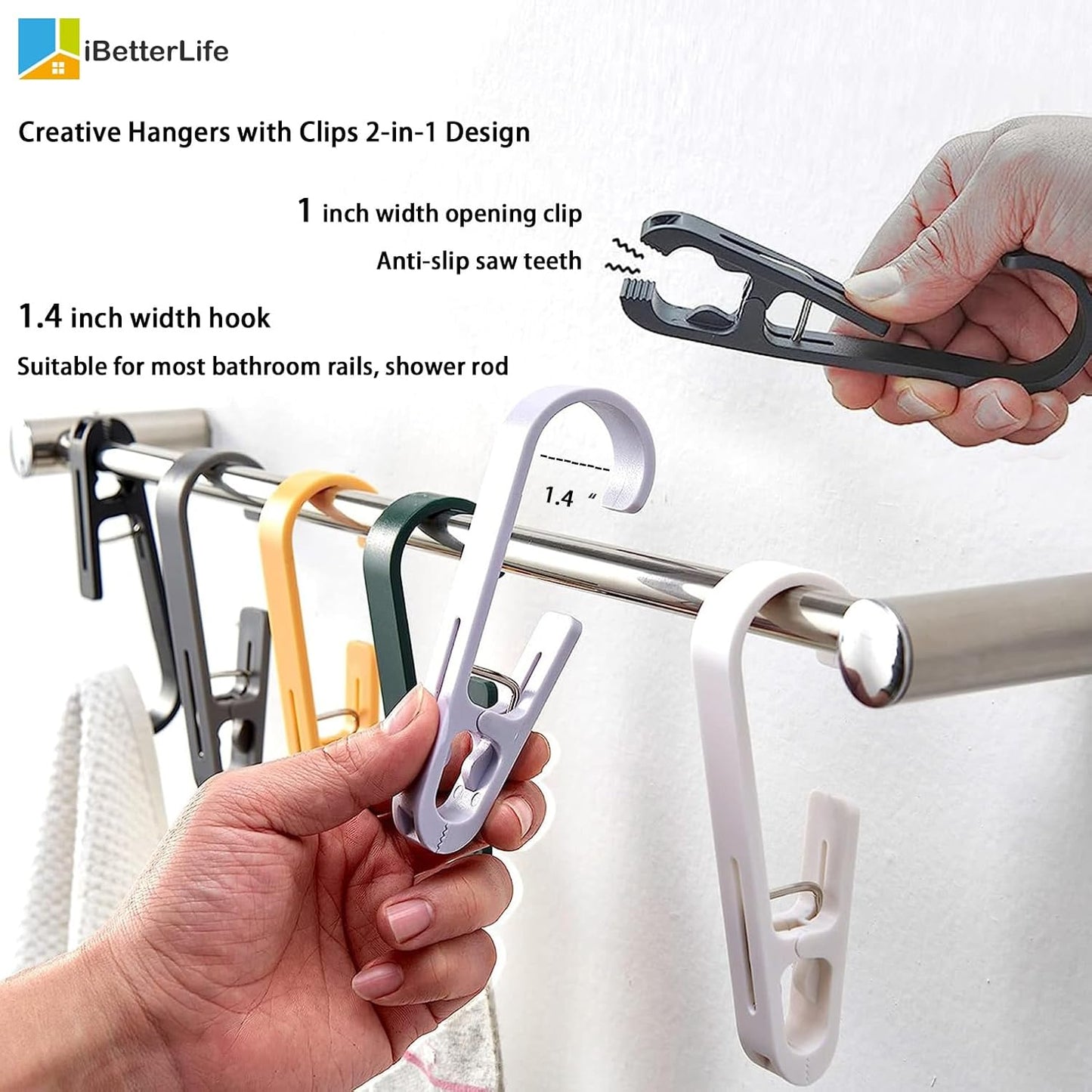 iBetterLife Clothes Pins Laundry Hooks - Heavy Duty Outdoor Towel Hanger with Clips for Hanging Socks Boot Bras Shower Pegs Closet Organizer Clamps for Bathroom Wardrobe Kitchen Office, 4Pcs Gray