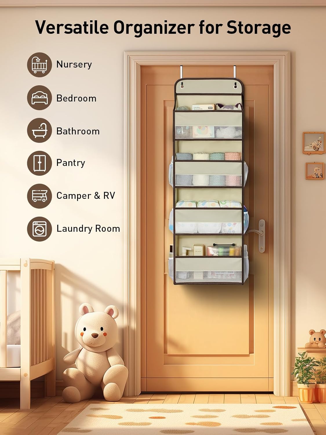 Yecaye Hanging Over the Door Organizer 1 Pack, 35.2lbs Load Toy Stuffed Animal Storage, Swing-proof Bathroom Organizers and Storage for Nursery Newborn Baby Essential Stuff Beige