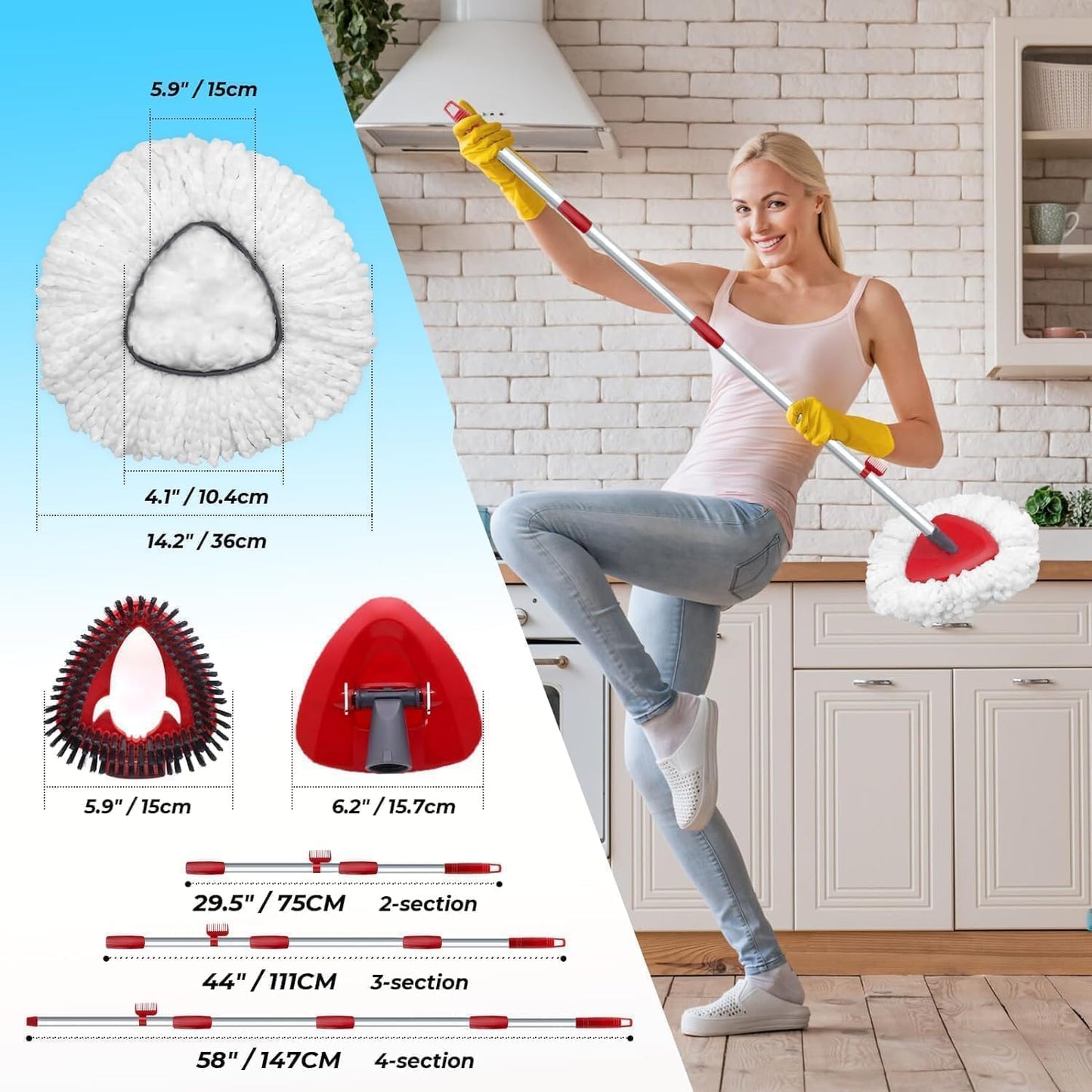 Spin Mop Head and Brush Replacement Compatible with O Cedar EasyWring 1-Tank System, 4 Mop Replace Heads, 1 Handle, 1 Base and 1 Scrub Brush Combo Set
