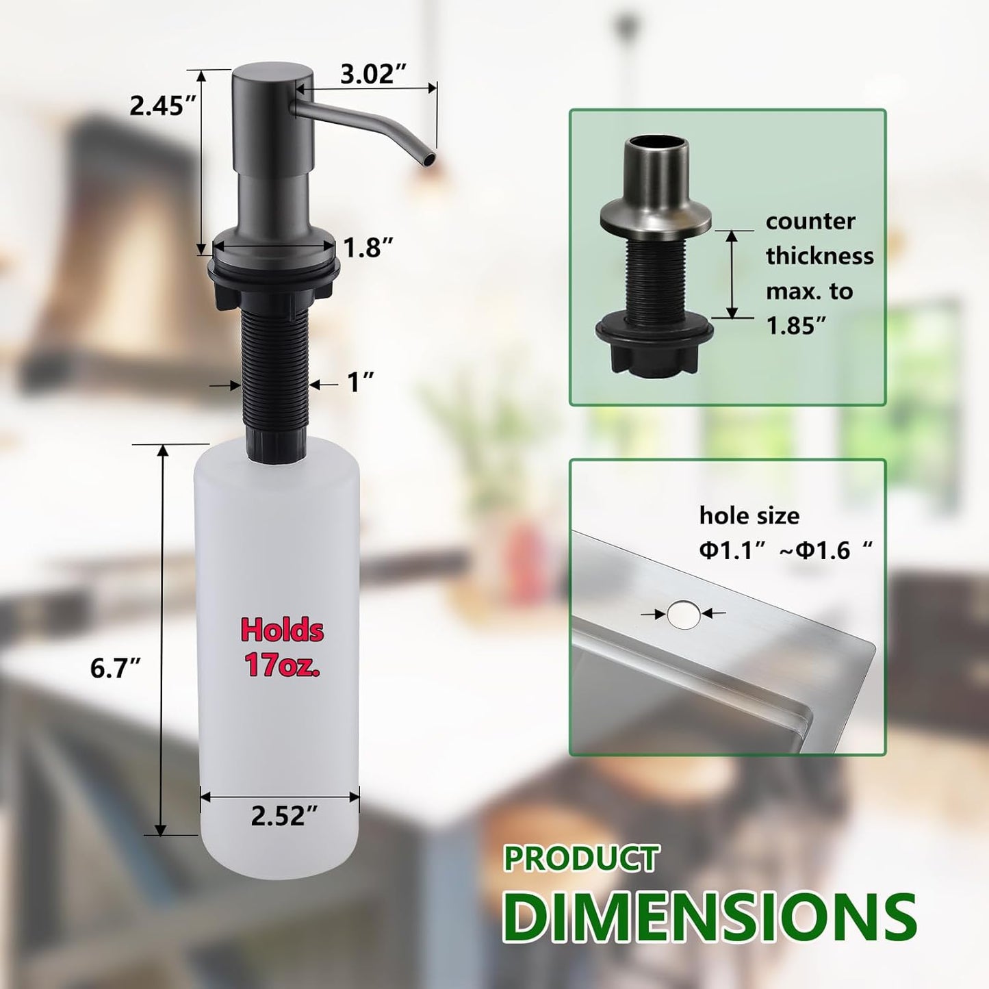 Built in Soap Dispenser for Kitchen Sink, Stainless Steel Gun Gery Countertop Pump Head, Dish Soap Hand Lotion Dispenser with Refillable 17oz Bottle