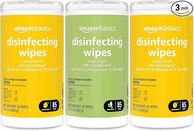 Amazon Basics Disinfecting Wipes, Lemon & Fresh Scent, Sanitizes/Cleans/Disinfects/Deodorizes, 255 Count (3 Packs of 85)