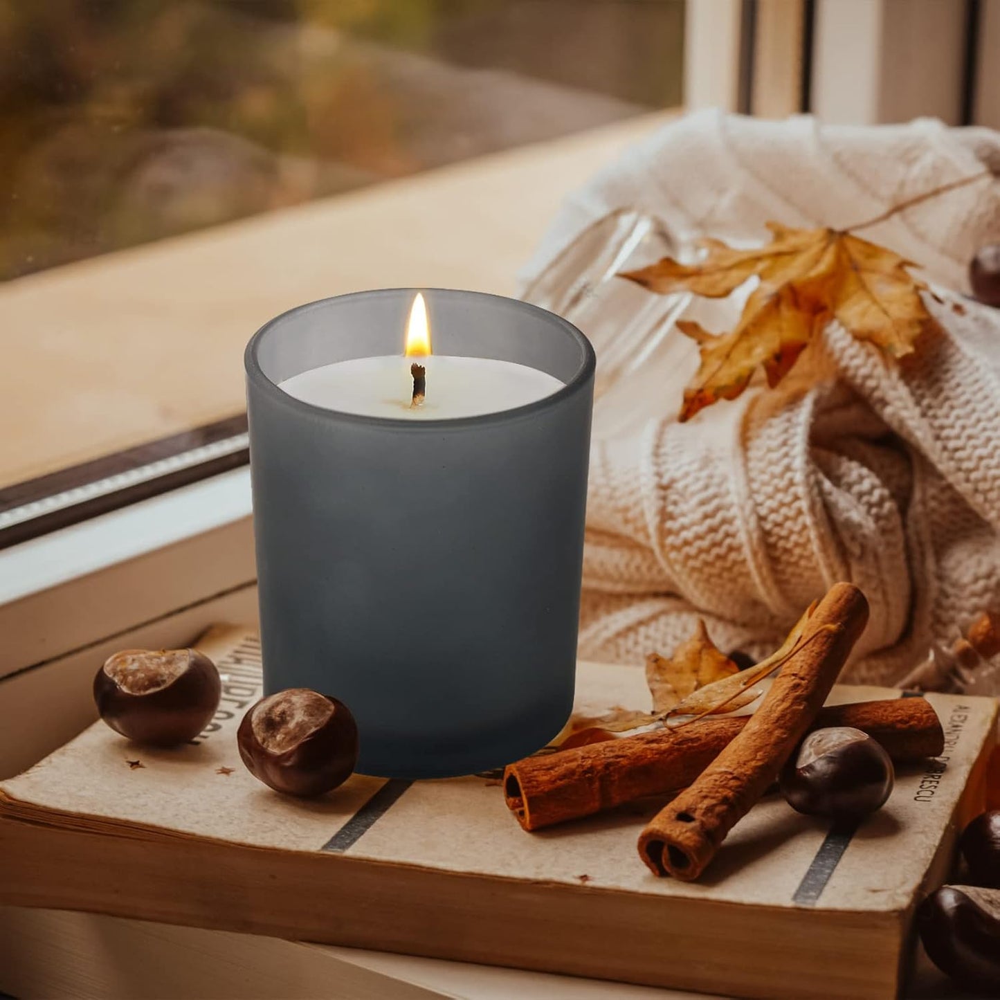 Thick Candle Jars for Making Candles 12 Pcs, 7 OZ Empty Jars with Wood Lids for Candle Making, Sample Container, Frosted Grey