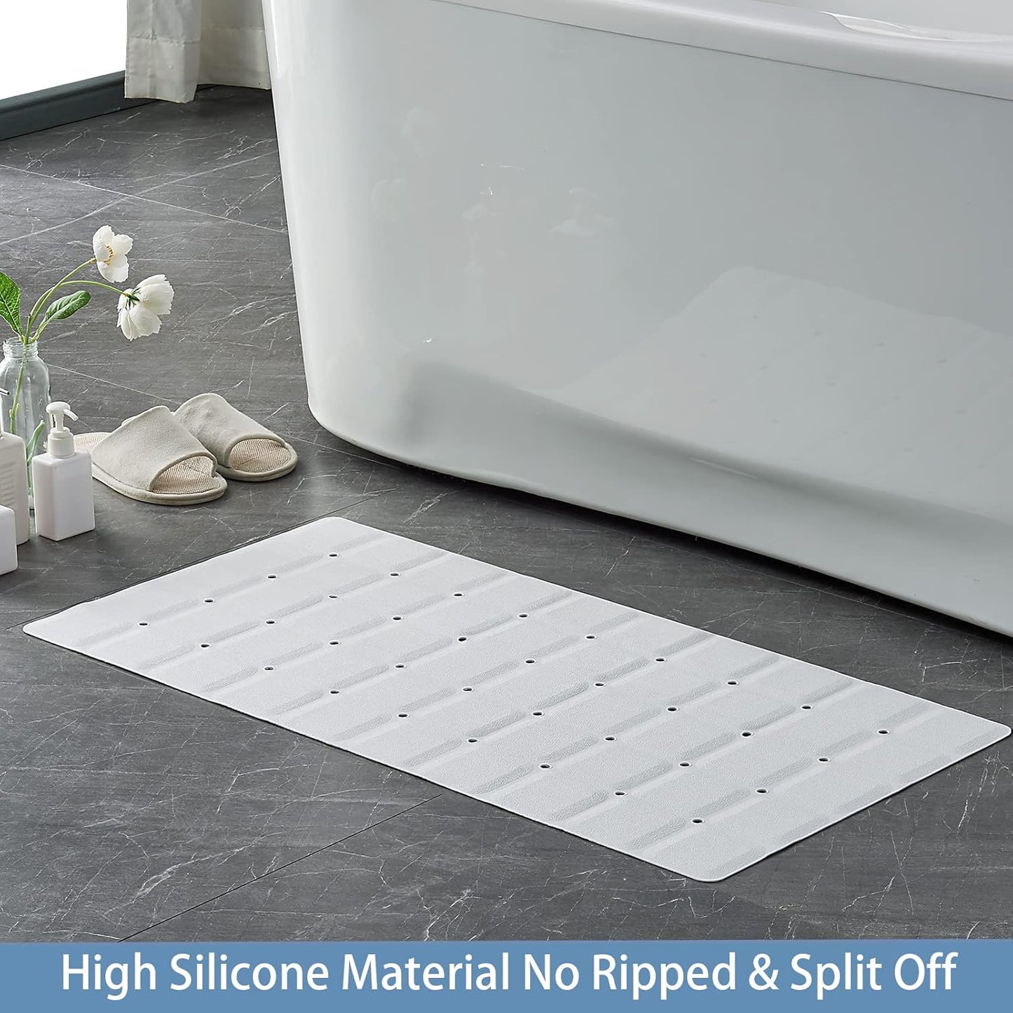 Foldable Silicone Bathtub Mat: Jumbo Size Heavy Duty Safety Bath Mat for Tub Without Suction Cups Non Slip Bath & Shower Mat for Textured, Reglazed, Refinished Tub (White, 35.8 x 17.7)
