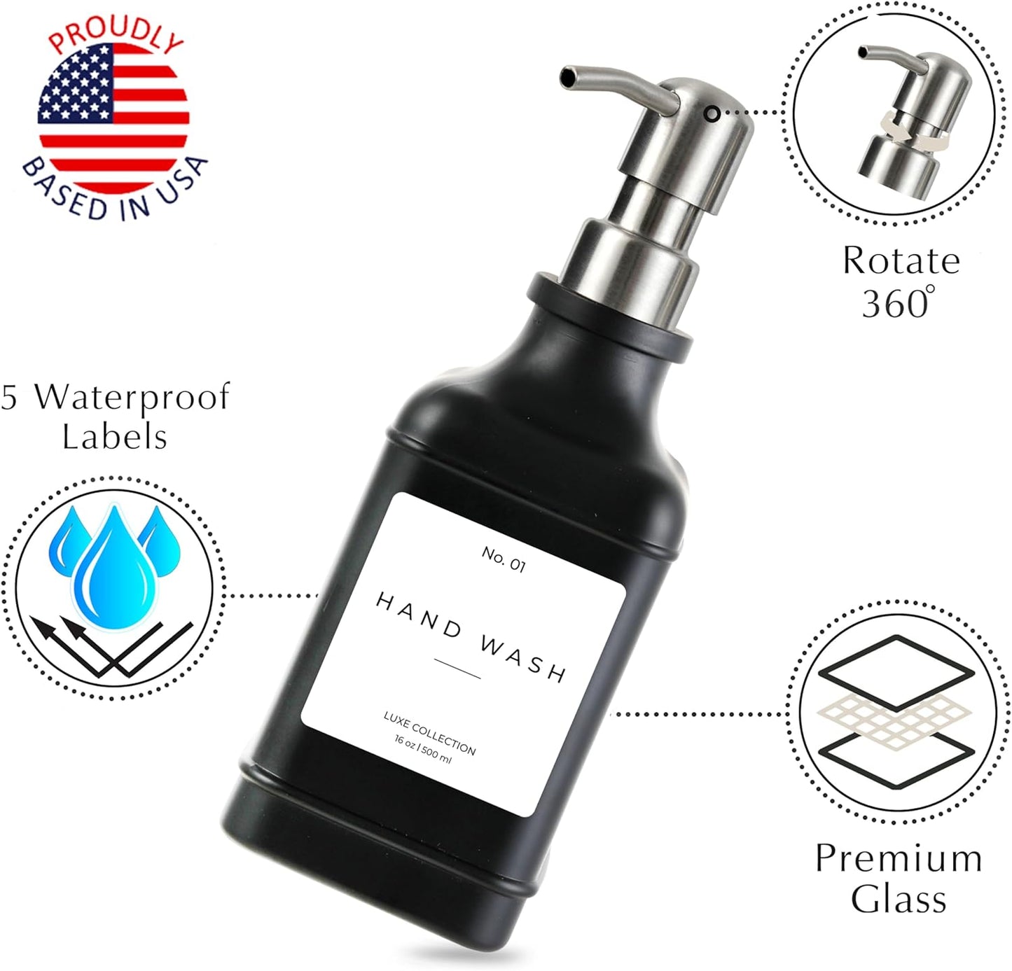 Emerson Essentials Soap Dispenser, Dish Soap Dispenser, Soap Bottle Bathroom Set, Hand Soap Farmhouse, Kitchen Soap Bottles - Glass Soap Dispenser with Pump and Labels, 16 Oz, 2 Pack