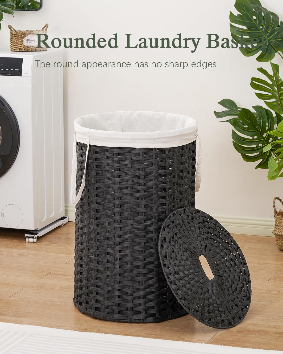 Large Laundry Hamper Laundry Basket Round 34.3 Gal (130 L) Handwoven Wicker Laundry Baskets Rattan Laundry Basket with Laundry Bag Handles 2 Mesh Bags for Living Room Bedroom Black