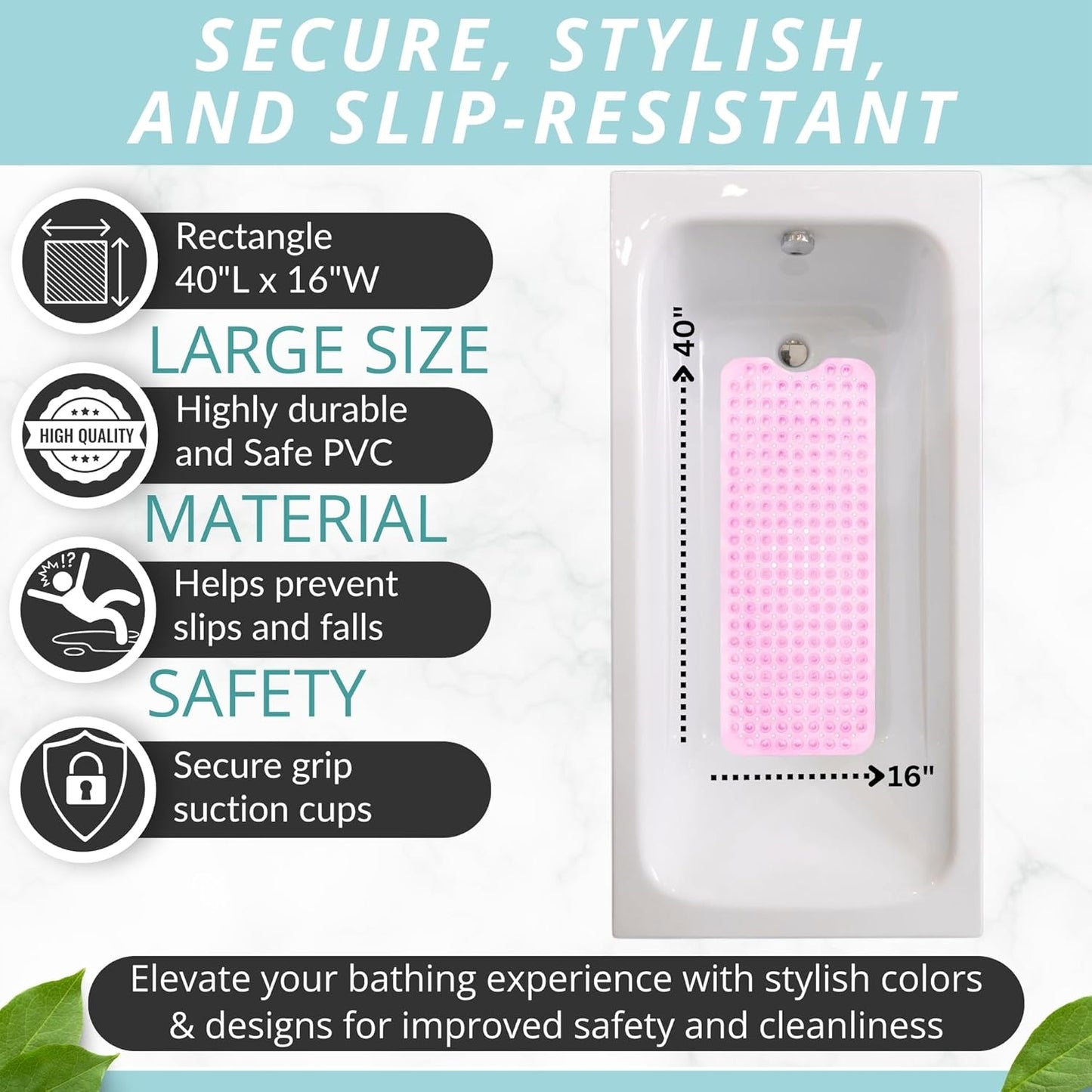 ENKOSI Bath Mat - Large Non Slip Bathtub & Shower Mat - Extra Long 40 x 16 Inch Bathroom Mats for Tub Nonslip Anti Slip Bathmats (40x16 Clear Pink 1-Pack)