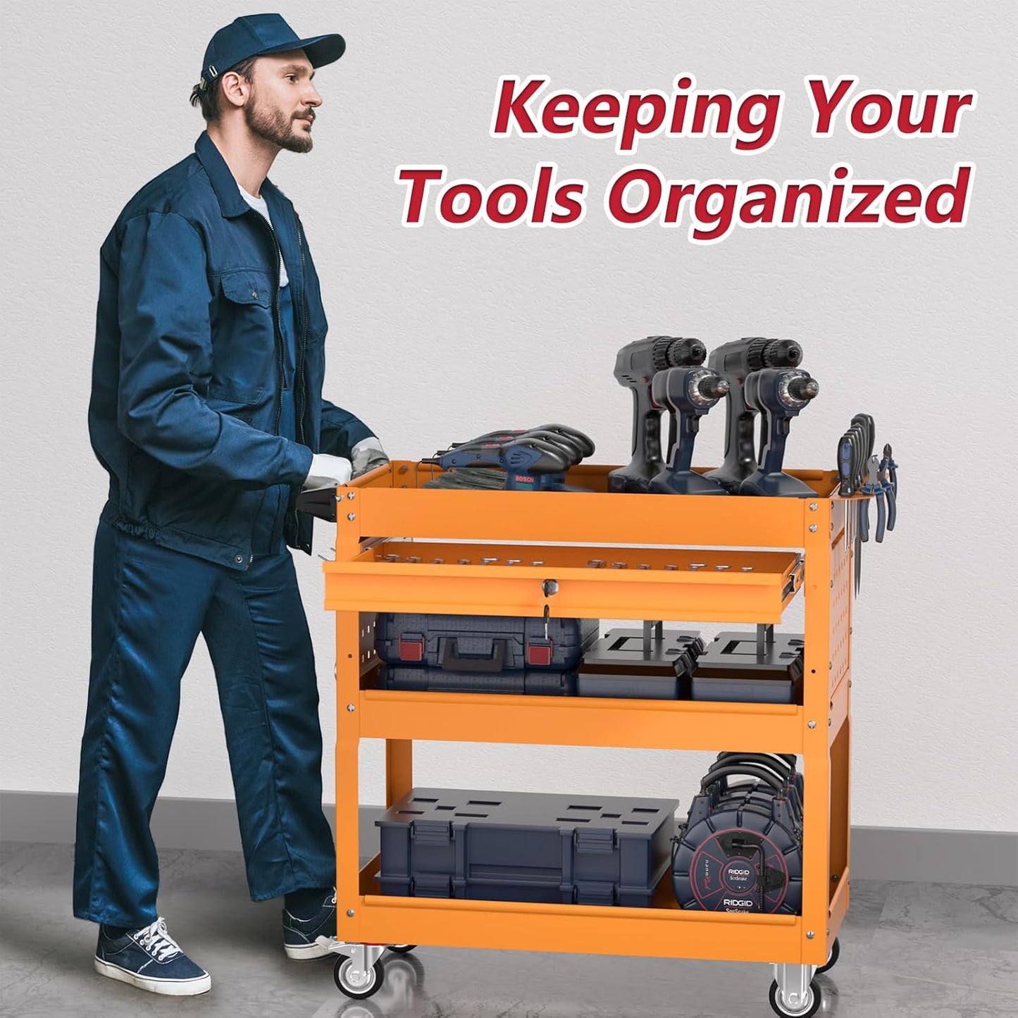 3 Tier Rolling Tool Cart on Wheels, Heavy Duty Service Cart Industrial Utility Cart with Drawer and Screwdriver Rack Pegboard, 550 LBS Mobile Tool Storage Organizer for Garage, Workshop (Orange)