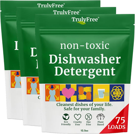 Truly Free Dishwasher Detergent Powder | Natural Dish Detergent, Dishwasher Soap | Plastic Free, Plant-Based, Clean, Heavy Duty Hard Water Stain & Grease Remover | Fragrance Free | 12.5 oz (Pack of 3)