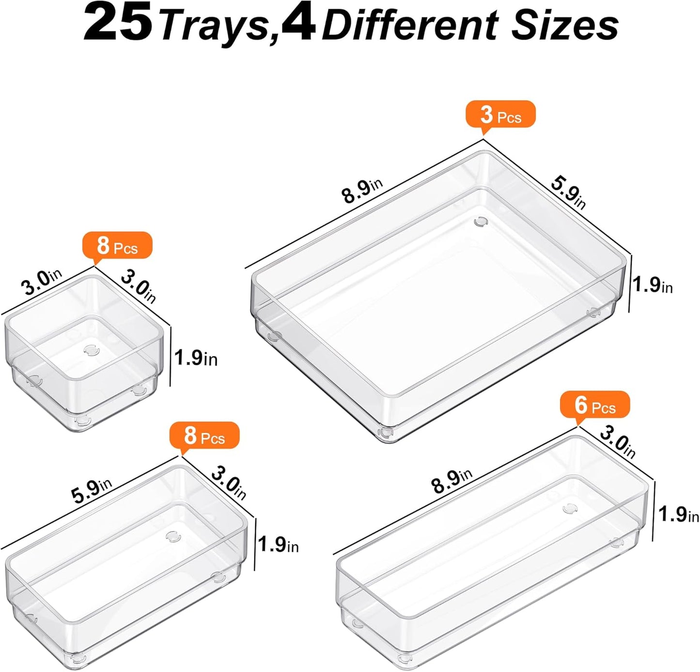 SMARTAKE 25-Piece Drawer Organizer with Non-Slip Silicone Pads, 4-Size Desk Drawer Organizer Trays Storage Tray for Makeup, Jewelries, Utensils in Bedroom Dresser, Office and Kitchen (Clear)
