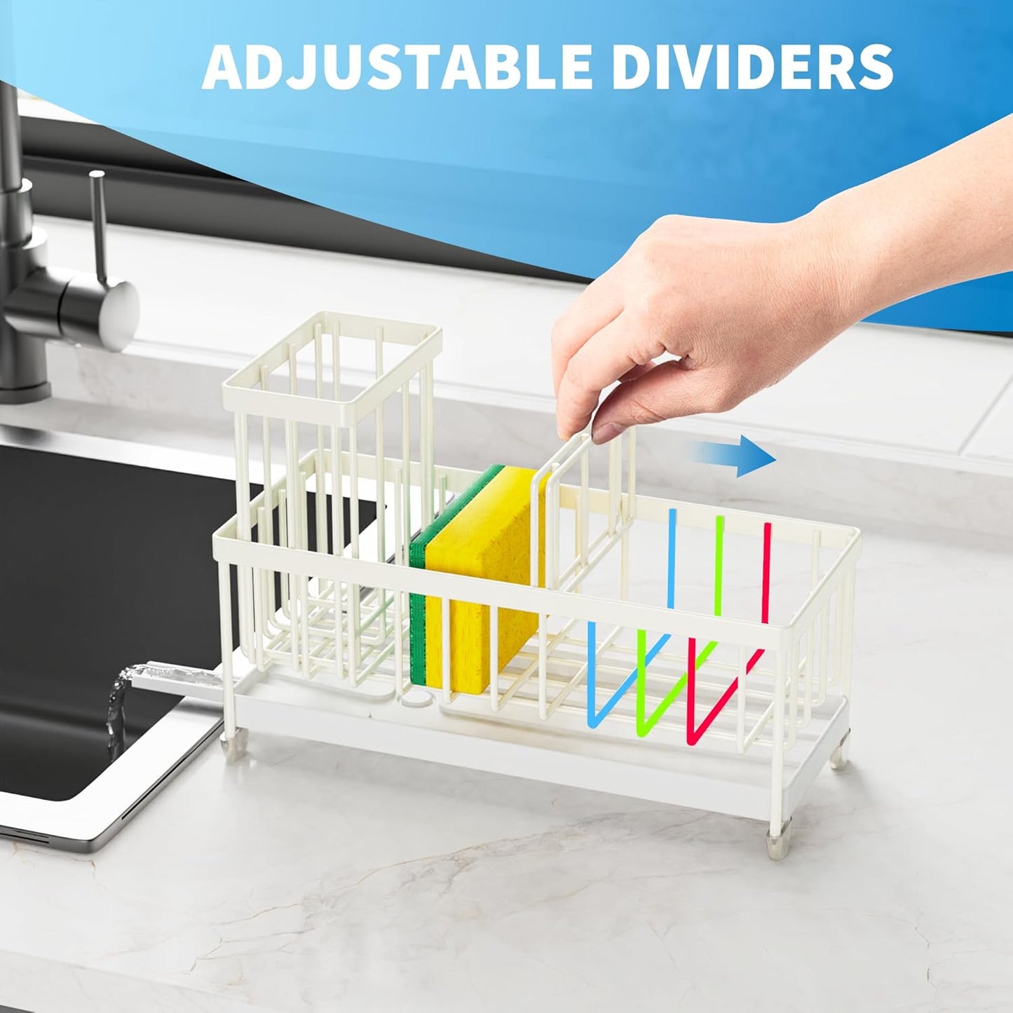 Cisily Cream Sponge Holder for Kitchen Sink, Sink Caddy Organizer with High Brush Holder, Kitchen Countertop Organizers and Storage Essentials, Rustproof 304 Stainless Steel, Soap Dispenser Organize