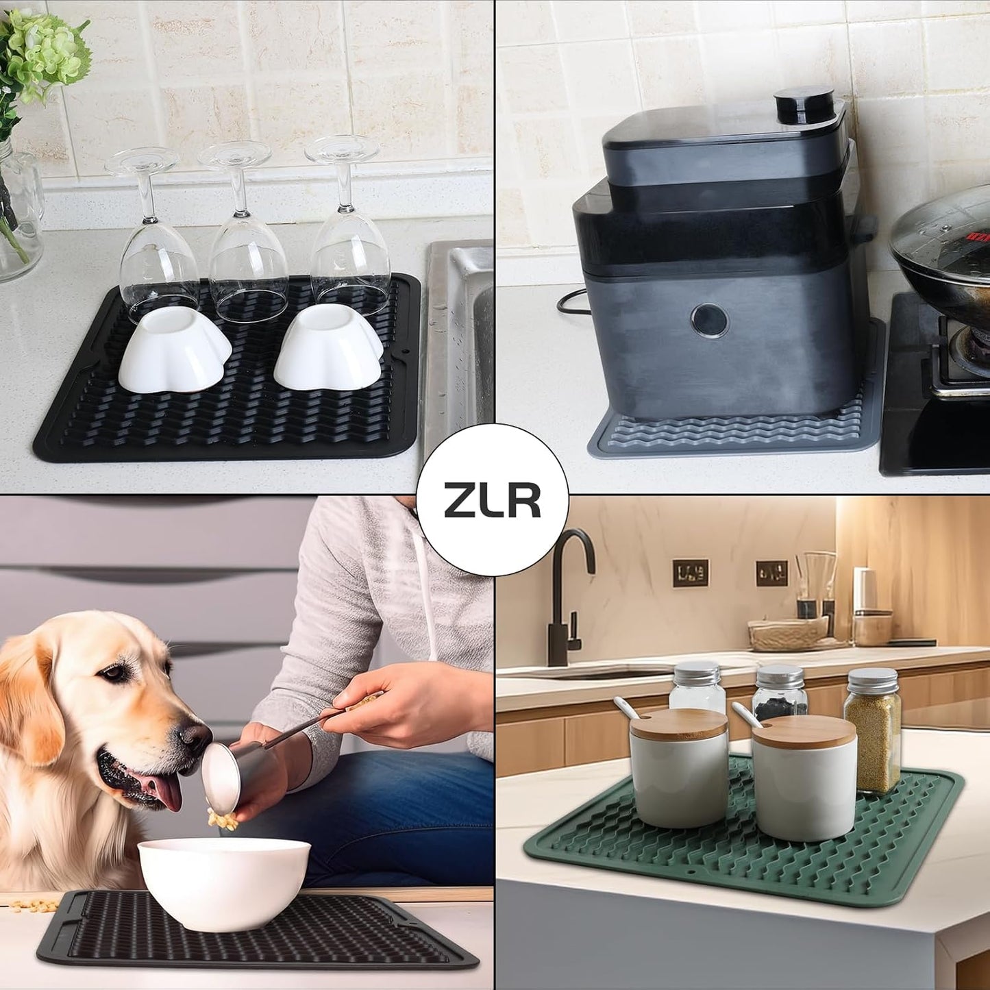 ZLR 2 Pcs Silicone Dish Drying Mats for Kitchen Counter, Eco-Friendly Fast Dry Dish Mat, Easy Clean Multi Usage Drying Matt, Heat Resistant Trivet, 12" x 12" Middle, Black