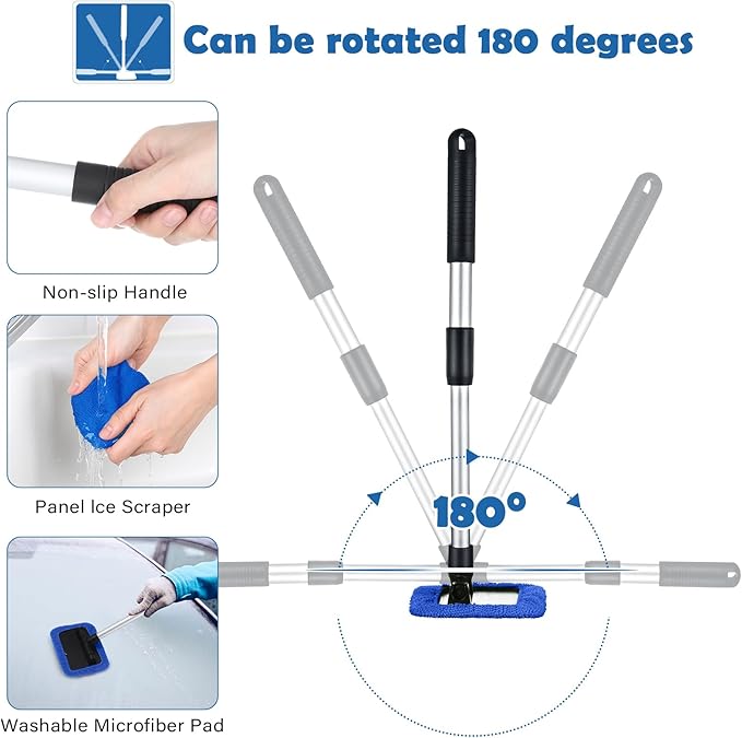 Frienda 3 Set Windshield Cleaner Tool Inside Car Window Cleaner Tool with 3 Extendable Handle 9 Reusable Microfiber Pads and 3 Spray Bottles for Auto Home Interior Exterior Glass Cleaning(Blue)