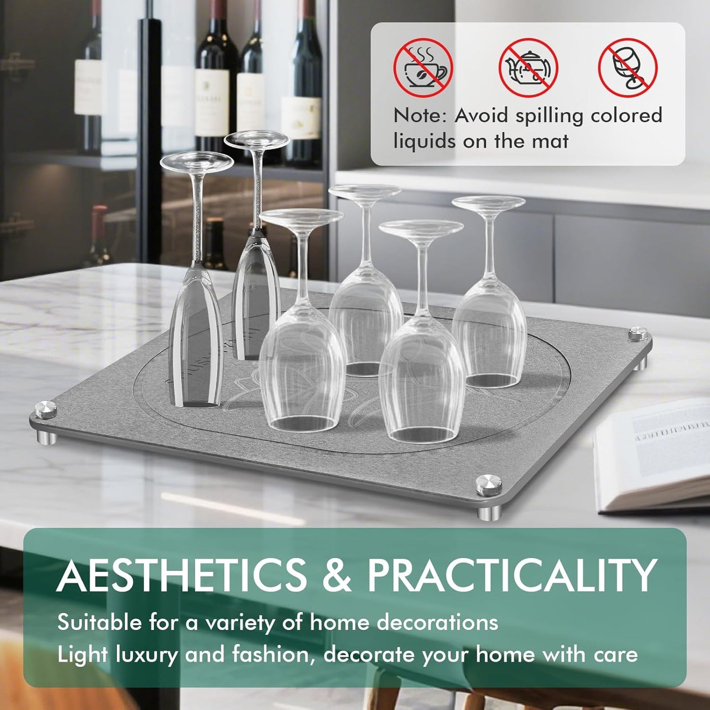 Stone Drying Mat For Kitchen Counter Superb Absorbent Diatomaceous Earth Mats with Non-Slip Feet Quick Dry Stone Dish Drying Pad Dish Pad Multi-Purpose(Floral-MediumGray, 15.7" x 11.8")