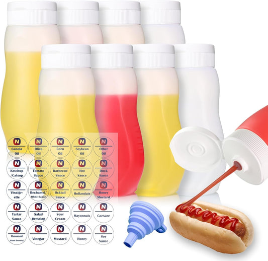 Condiment Squeeze Bottles for Ketchup Hot Sauce Liquids Oil with Caps for Condensed Milk Mustard Salad Dressing Dispenser Clear Plastic Bottles Dressing Container HD PE(8 Pack 11oz)