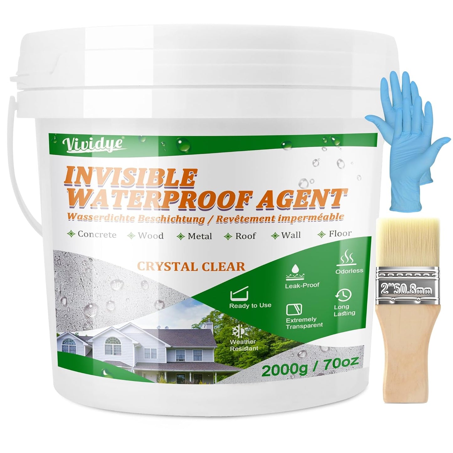 Waterproof Sealant 70oz, Transparent Waterproof Coating for Roof, Floor, Window, Bathroom, Concrete,Wood, Invisible Water Proof Agent＆Foundation Leak Repair Adhesive for Indoor/Outdoor Use Water-Based