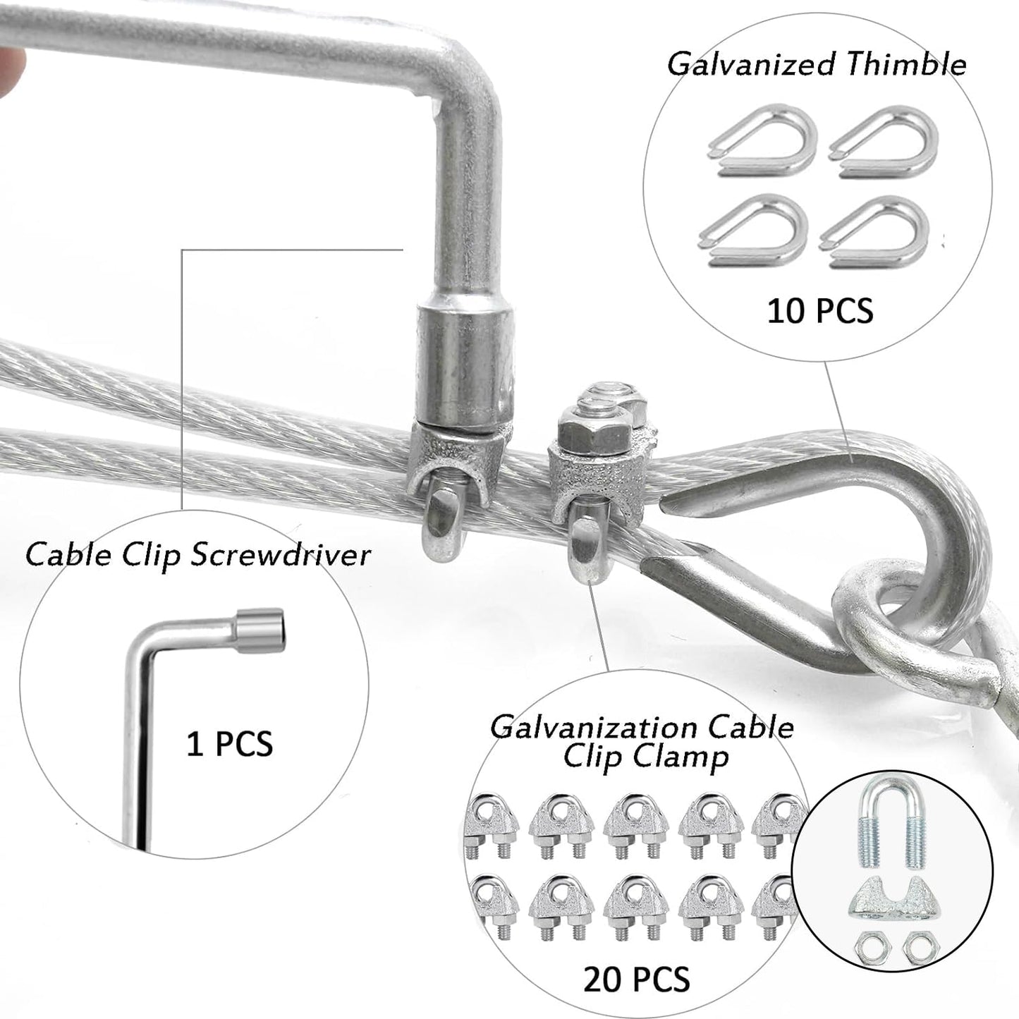3/16" Wire Rope Kit, 100Ft PVC Coated Steel Cable Guide Wire Tensioner Strainer Kit w/ 7×7 Strand Core Steel Wire for String Light Hanging Kit/Decking & Stair Railings/Shade Sails/Clothes Line