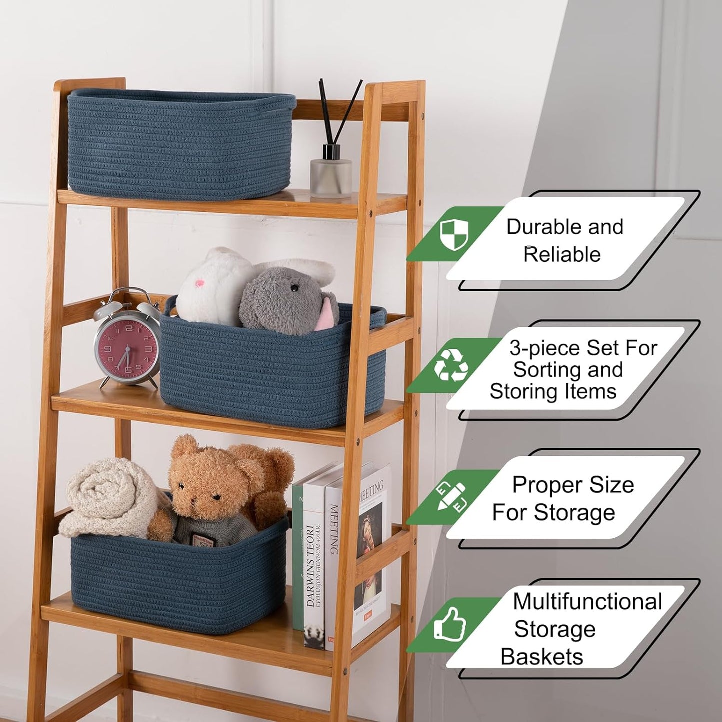 OIAHOMY Cotton Rope Woven Baskets for Storage, Nursery Rectangle Storage Basket with Handles for Shelves, Pack of 3, Blue