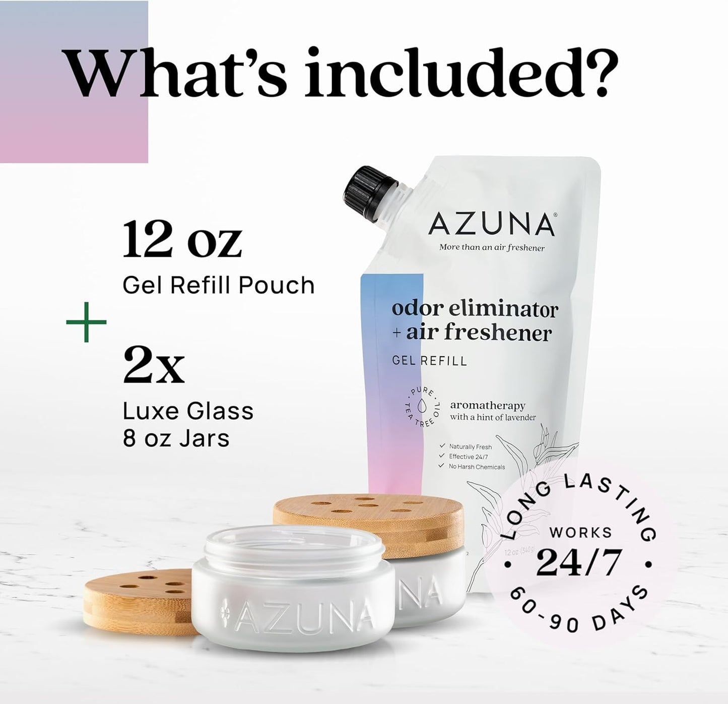 Azuna Air Freshener & Odor Eliminator for Strong Odor | 2 Room Kit Includes (2) 8 oz. Empty Luxe Glass Jars & 12 oz | Refill with Tea Tree Essential Oil Gel | Aromatherapy | Last 60-90 Days