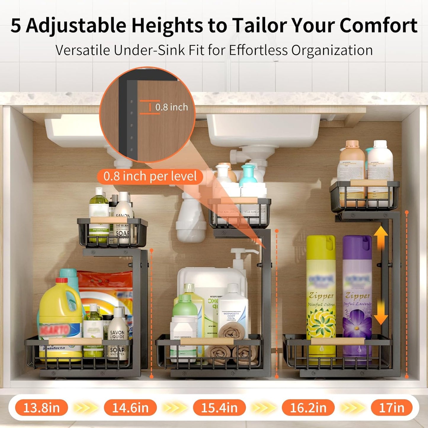 Under Sink Organizer, 2 Pack Under Sink Organizers and Storage, 2-Tier Pull Out Under Cabinet Organizer Storage Shelf, Metal Frame, Height Adjustable Rack for Bathroom Kitchen Pantry