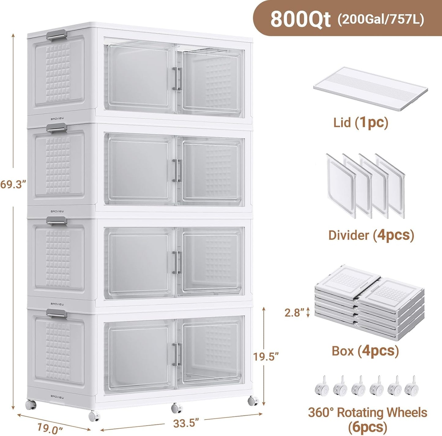 BROVIEW 69.3"H 200Gal Plastic Storage Bins with Lid & Wheels,4Pack Extra Large Stackable Storage Bins with Dividers,Closet Organizers and Storage Cabinet Collapsible Box Shelves for Home Kitchen,White