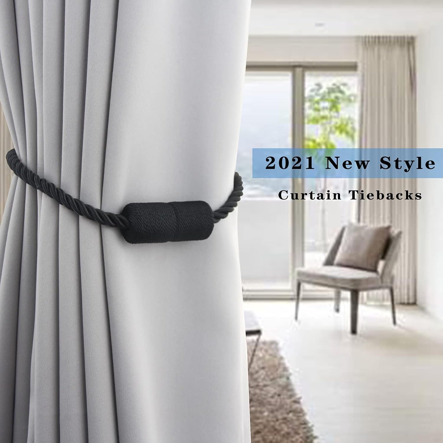 2 Pack Black Strong Magnetic Curtain Tiebacks Outdoor Elegant Decorative Tie Backs Modern Rope Tiebacks for Drapes Window Curtain Holdbacks for Draperies