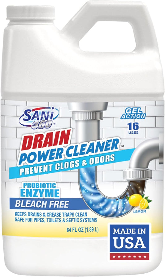 SANI 360° Drain Power Cleaner, Enzyme Gel Formula, Deodorizer, Stops Clogs, Odor, Grease, Soap Scum, Save Money on Plumbing, Safe for Pipes and Septic, Made in the USA, 16 Uses, Lemon Scent