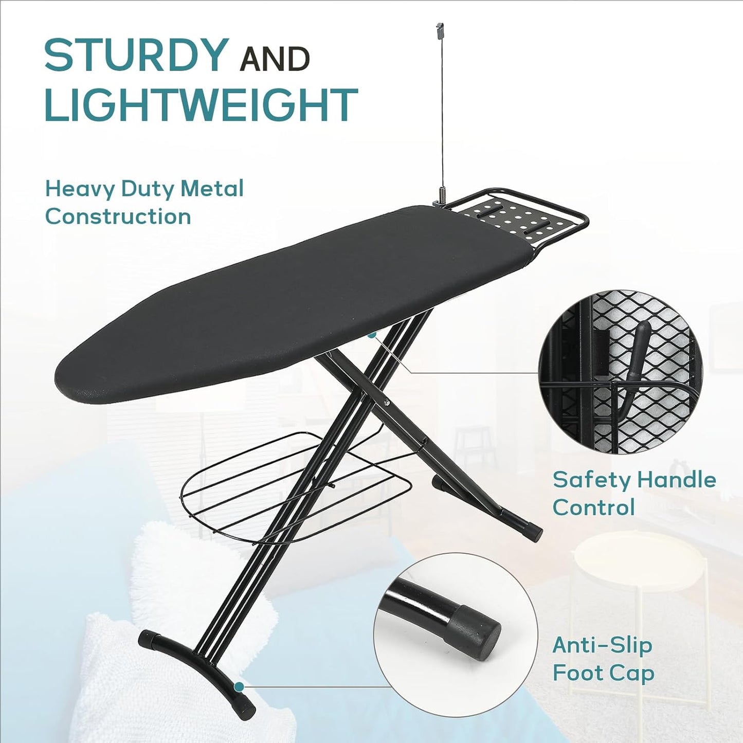 Ironing Board Full Size, RAINHOL 43"x13" Sturdy Iron Board with Iron Rest and Garment Rack, Height Adjustable Metal Construction with Ultra Thick Cover and Padding, Foldable and Heavy Duty