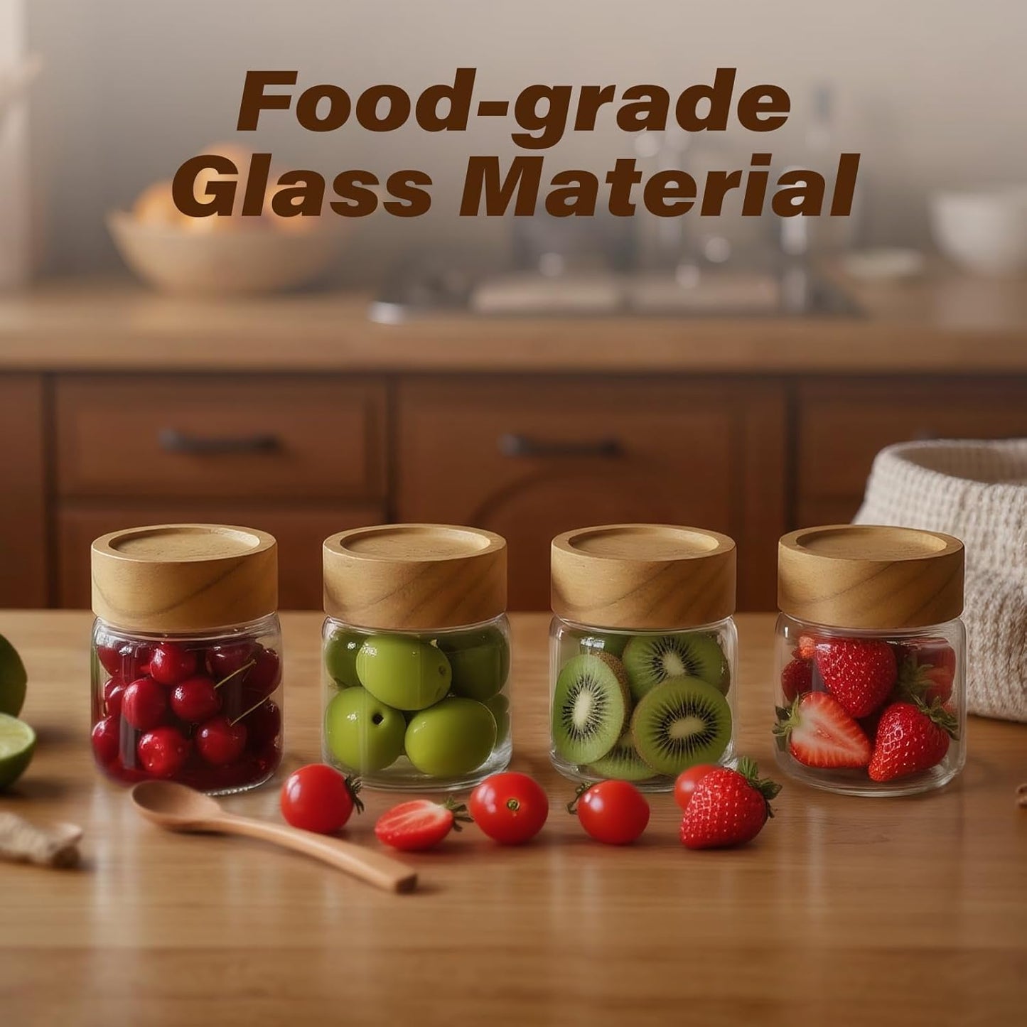 6-Pack 6 oz Airtight Food Sealed Jars with Acacia Wood Lids - Glass Meal Prep Containers for Overnight Oats, Snack Storage, Chia Pudding, Pantry Organization Essentials