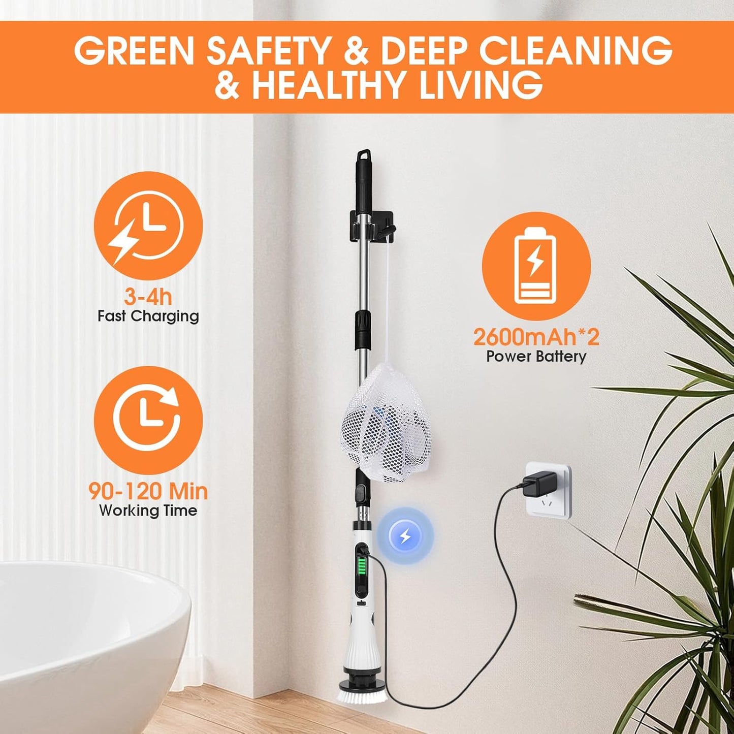 Electric Spin Scrubber, Cordless Cleaning Brush, 54" Extendable Handle Shower Cleaner Brush - 6 Adjustable Angles, 8 Brush Heads & 2 Speeds, Shower Scrubber for Bathroom Bathtub Tile Floor