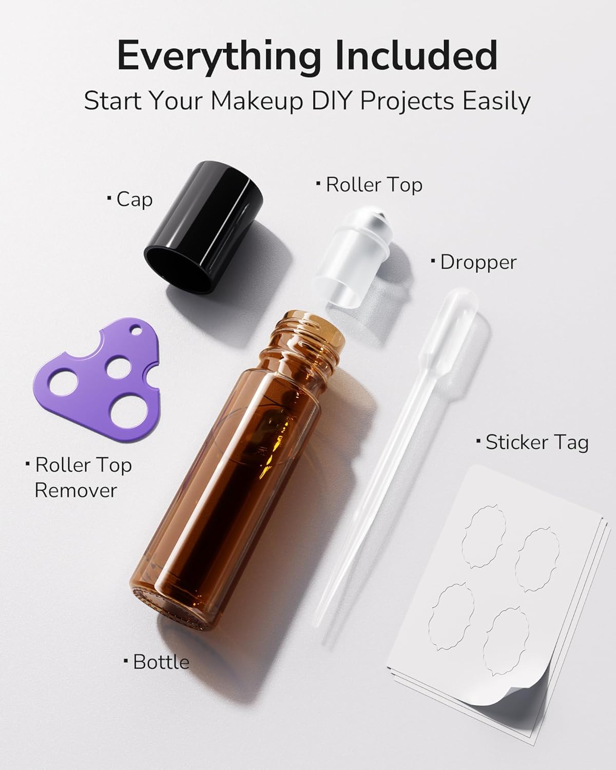 ULG 48-Pack Essential Oil Roller Bottles 10ml, Empty Bottles with Stainless Steel Roller Balls and Waterproof Labels, Amber Roller Balls For Essential Oils