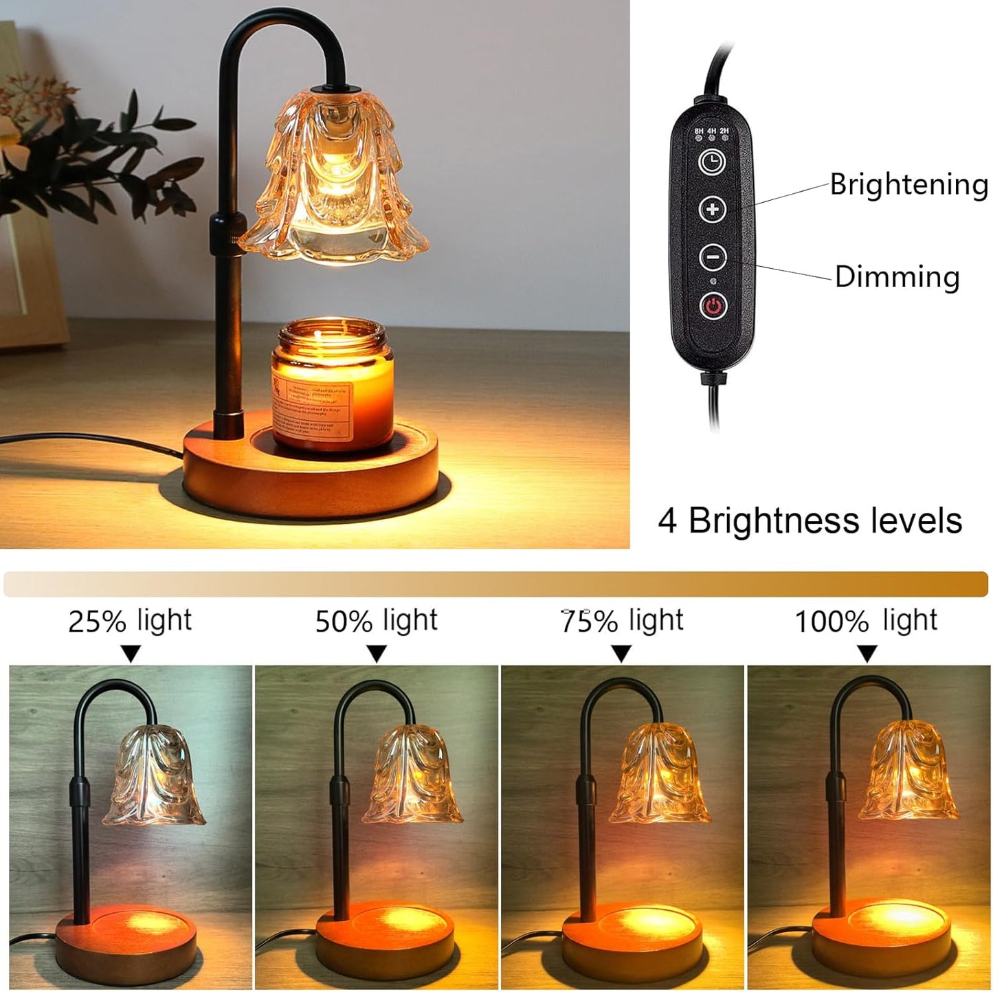 Candle Warmer Lamp with Timer and Dimmer - Adjustable Height Wax Melt Warmer, 4 Brightness Levels, 2/4/8H Timer, Wood Base & Glass Shade, Includes 2 GU10 Halogen Bulbs for Home Decor