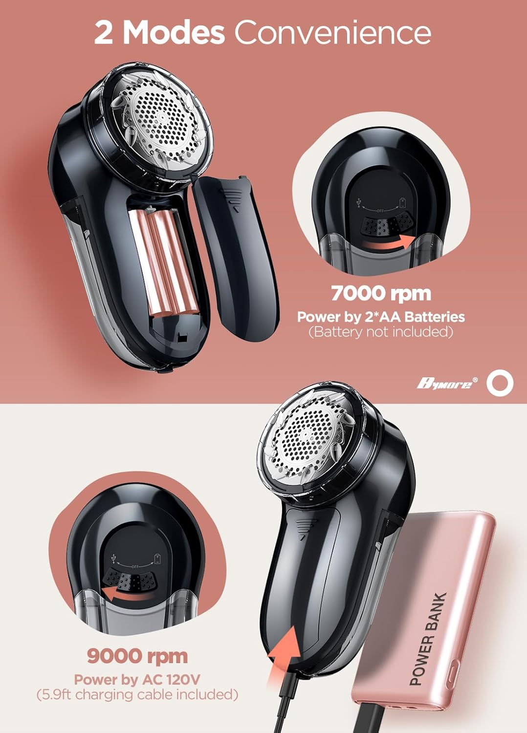 Bymore Fabric Shaver, Lint Remover, Lint Shaver Defuzzer Sweater Shaver for Clothes and Furniture AC Adapter Operated Pill Fuzz Remover (Space Black)