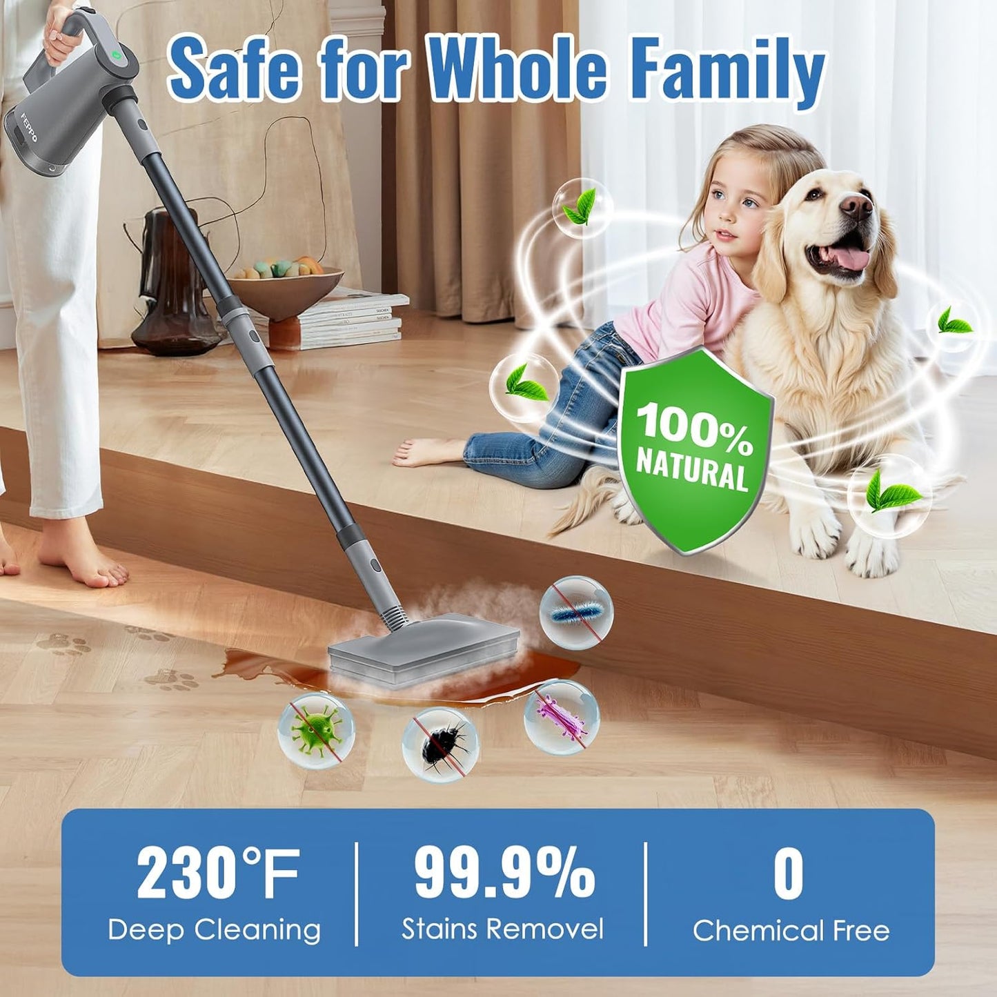 FEPPO Steam Mop & Handheld Steam Cleaner for Home and Floor Cleaning, 15s Heat-Up, 230°F Powerful Steamer with 10-in-1 Multi-Purpose Attachments for Floors, Hardwood,Tiles,Grout,Windows,Kitchen,Bath