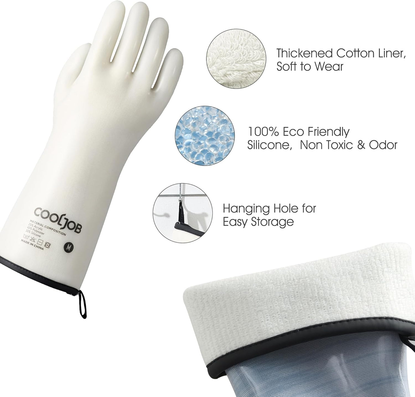 COOLJOB Heat Resistant Oven Gloves, Waterproof Liquid Silicone BBQ Grilling Gloves for Barbecue, Kitchen Cleaning, Baking, Food Contact, White, Large