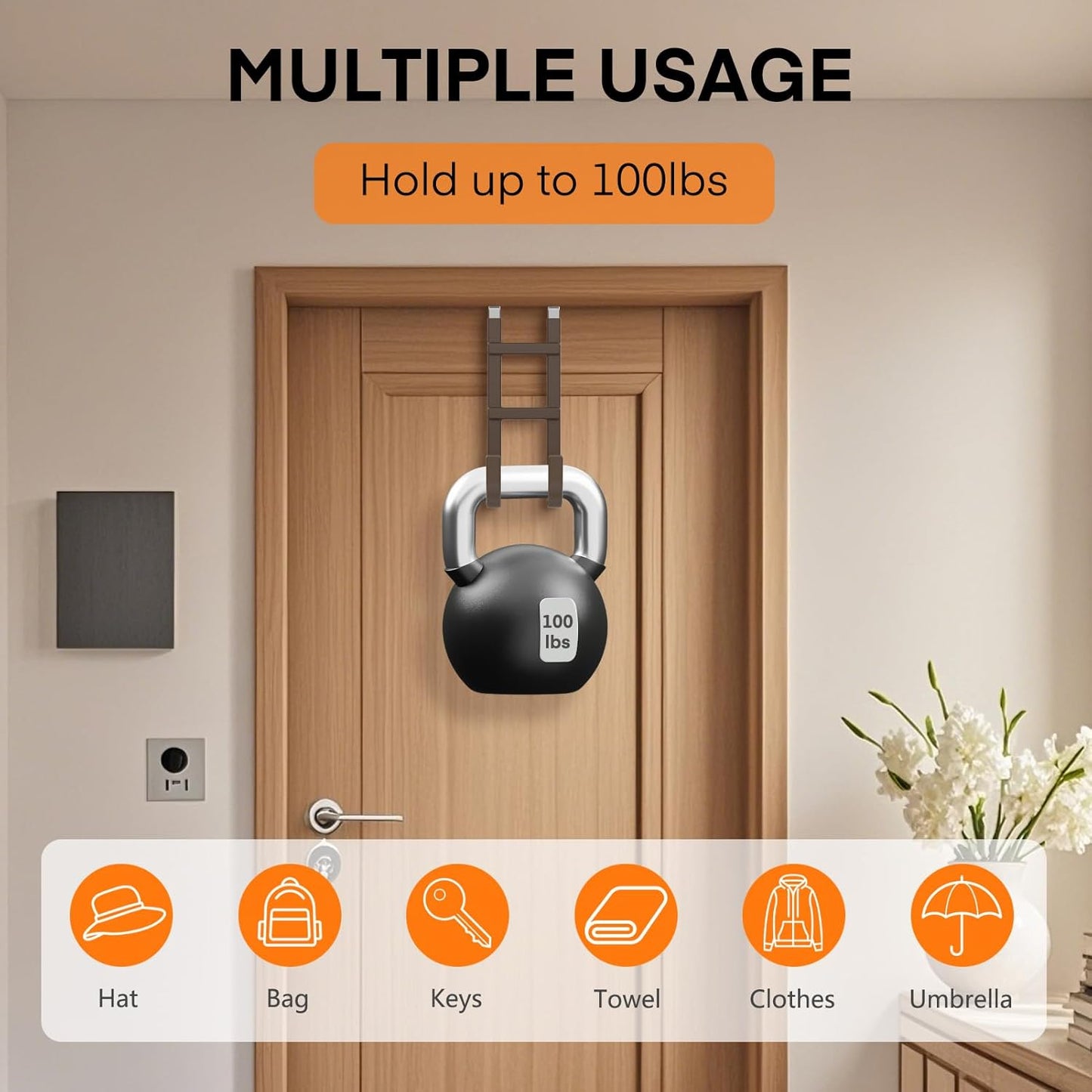 FYY Over The Door Hooks - 4 Pack Heavy Duty Dual-Hook Organizer Hanger with Non-Slip Rubber for Towels, Clothes, Hats & Bags Use in Bathroom, Bedroom, Kitchen - Fits Interior Doors Up to 1.6" Brown