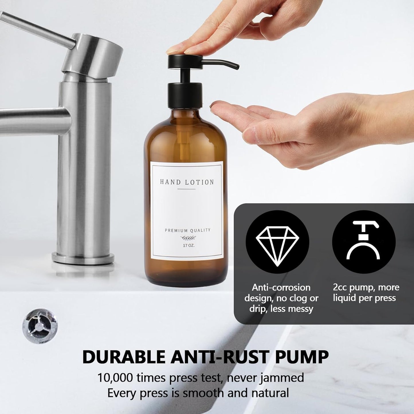 Amber Glass Soap Dispenser - Dish Hand Soap Dispenser for Kitchen, Bathroom Soap Lotion Dispenser with Pump, Refillable Liquid Soap Pump Dispenser Set with Tray, Amber Bottle/Black Pump-pd