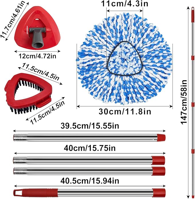 Spin Mop Handle Mop Heads and Base Replacement Sets Compatible with O Cedar EasyWring Rinseclean 2 Tank System, Flexible & Reusable(1 Sets Stainless Steel Handle & 2 Refills & 1 Base & 1 Scrub Brush)