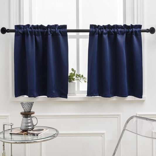 Pickluc Rod Pocket Tier Curtain - Half Blackout Curtain for Kitchen, Bathroom, Cabinet, Basement, 42 Inches Wide and 24 Inches Long, Navy, 2 Panels