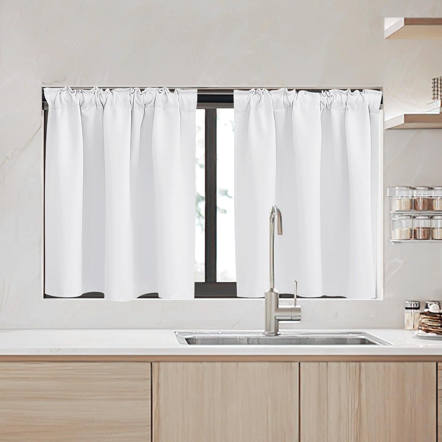 RYB HOME Small Window Curtains - Blackout Insualting Privacy Curtains for Kids Bedroom Kitchen Bathroom Basement Cafe Cabinet Tiers Drapes, 34 Width x 24 Length, 2 Panels, Pure White