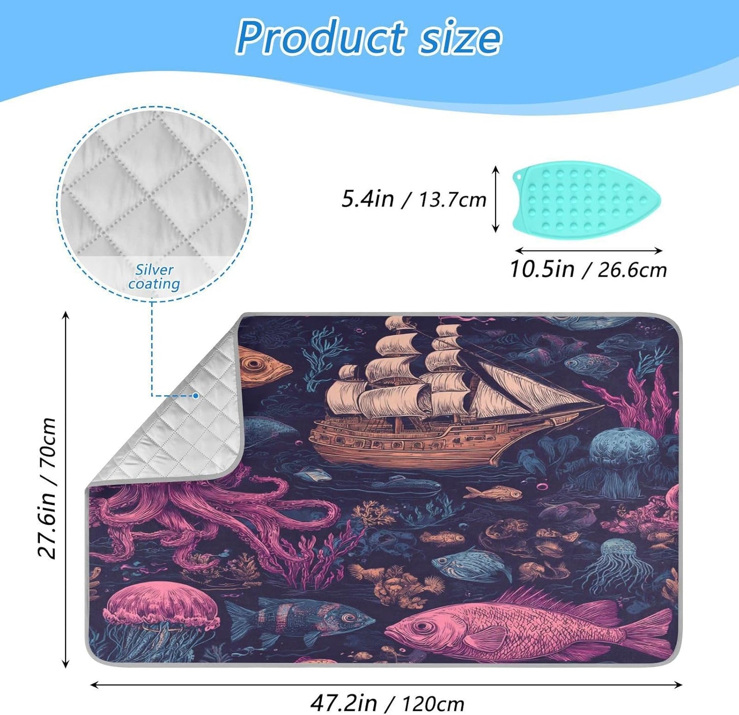 Red Blue Pirate Ship and Fish Ironing Mat Thickened Ironing Blanket Travel Portable Double-Side Using Ironing Pad Travel Isolate Heat Pad Cover for Washer Dryer Table Top Countertop 27.6x47.2in