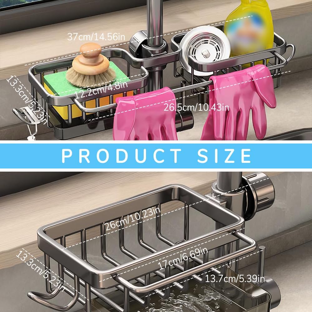 Sink Organizer Rack for Kitchen and Bathroom, 2024 New Kitchen Sink Faucet Organizer with Drip Tray Faucet Sponge Holder (Black, Right)