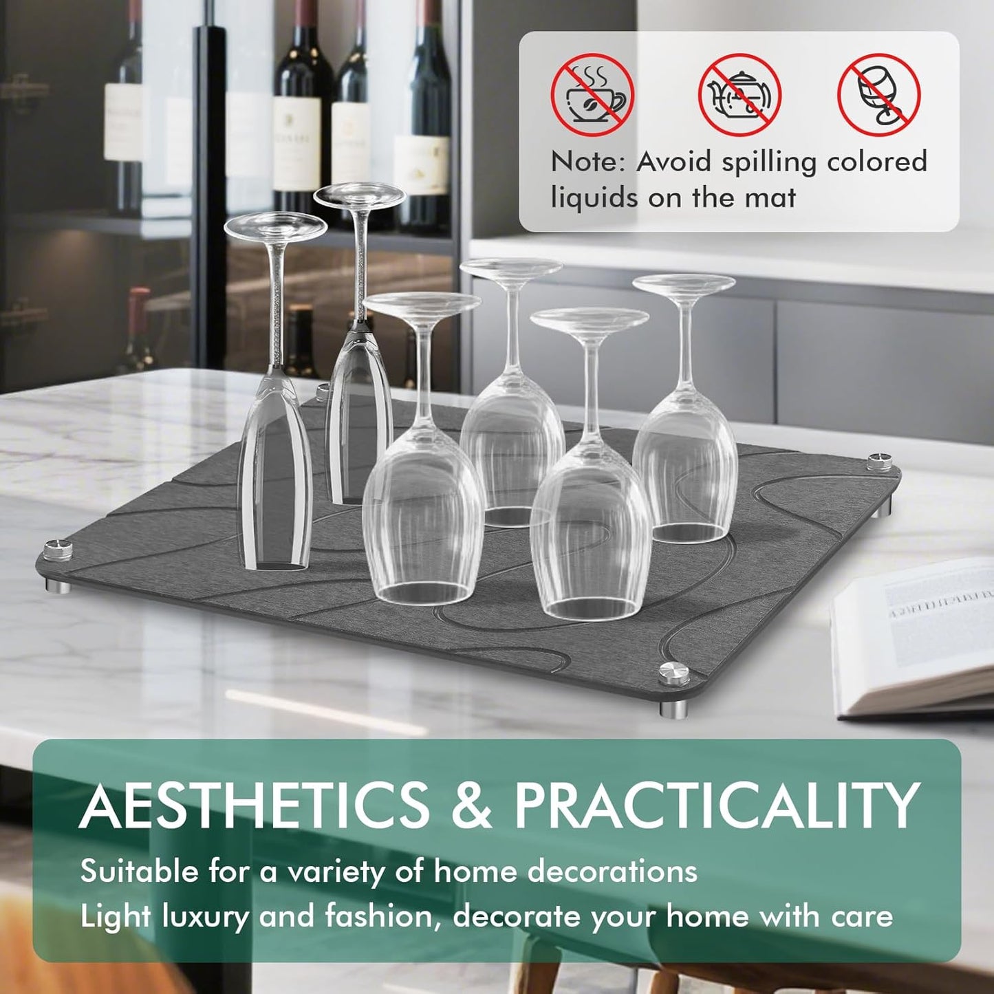 Stone Drying Mat For Kitchen Counter Superb Absorbent Diatomaceous Earth Mats with Non-Slip Feet Quick Dry Stone Dish Drying Pad Dish Pad Multi-Purpose(Flow Line-DarkGrey, 15.7" x 11.8")