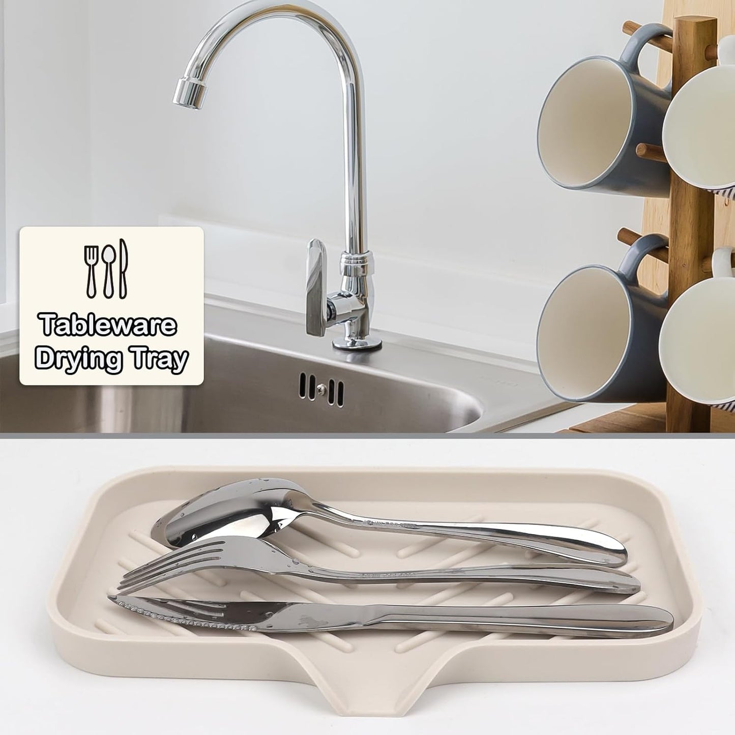 YASMEN Silicone Bathroom Soap Dishes, Sink Sponge Holder for Kitchen, Rubber Soap Dish with Drain, Shower Soap Sponge Tray, Sink or Counter Organizer, for Bar Soap, Bottle, Dish Soap Dispenser-Tapioca