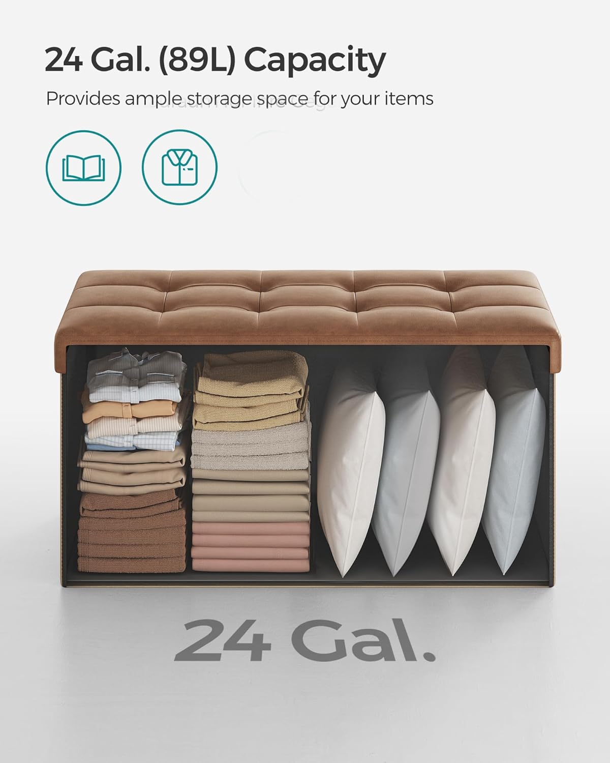 SONGMICS MAZIE Collection - 30 Inches Storage Ottoman Bench with Flipping Lid, Storage Chest Footstool, Load 660 lb, for Entryway, Living Room, Bedroom, Synthetic Leather, Coffee Brown ULSF045K01