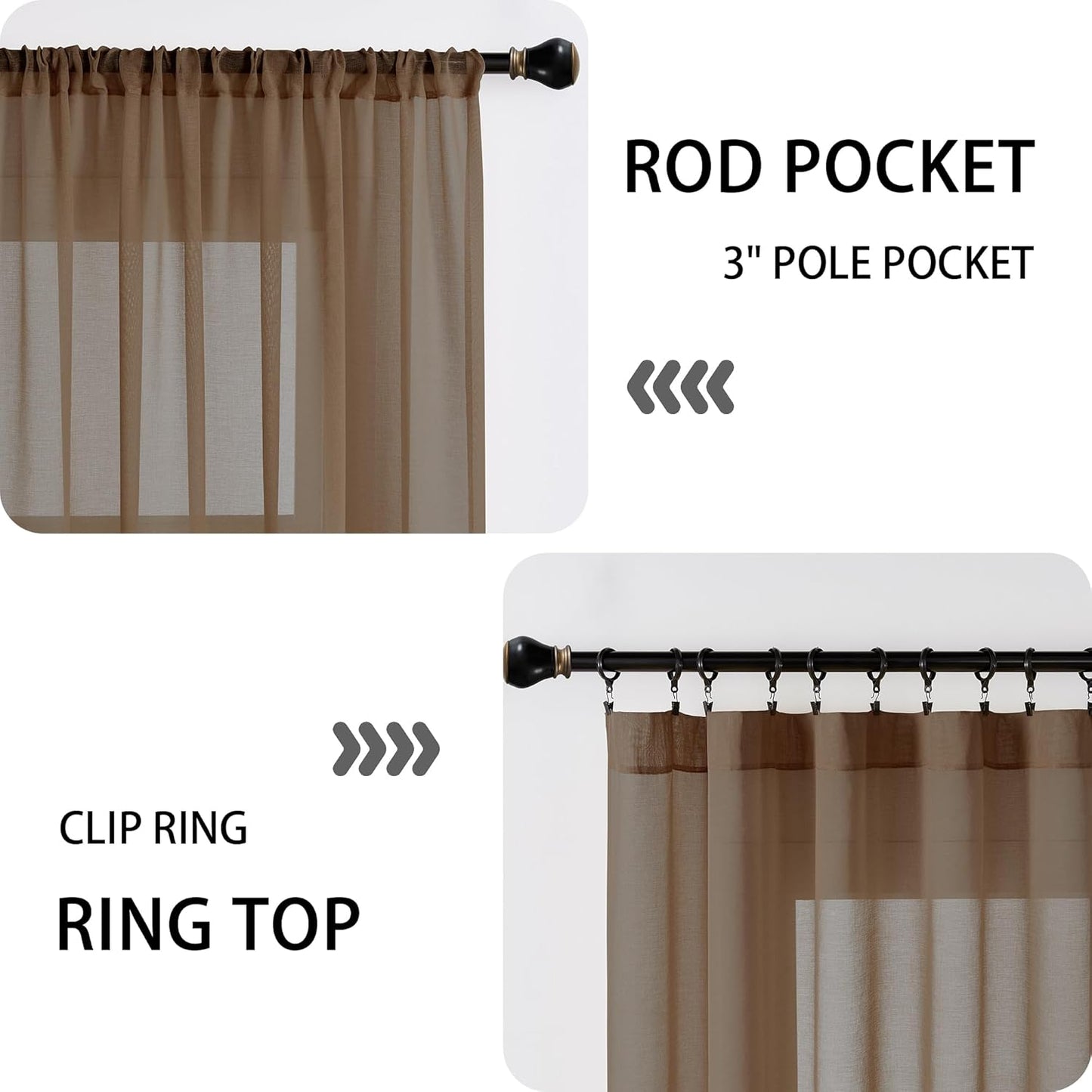 Tollpiz Sheer Door Curtains Closet Linen Textured Curtains Sheer Doorway Light Filtering Voile Rod French Door Pocket Curtain Patio Glass Door, 25 x 72 inches Long, Brown, Set of 1 Panel