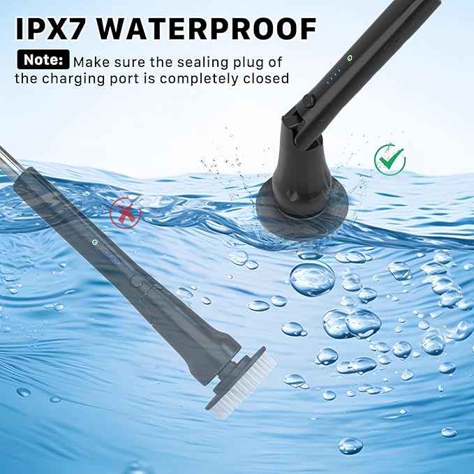 Electric Spin Scrubber, Hillyfe Bath Scrubber for Cleaning with 7 Replaceable Brush Heads, IPX7 Waterproof,300/400 RPM, 3 Adjustable Size,Cordless Shower Cleaner Brush for Bathroom Floor,Black