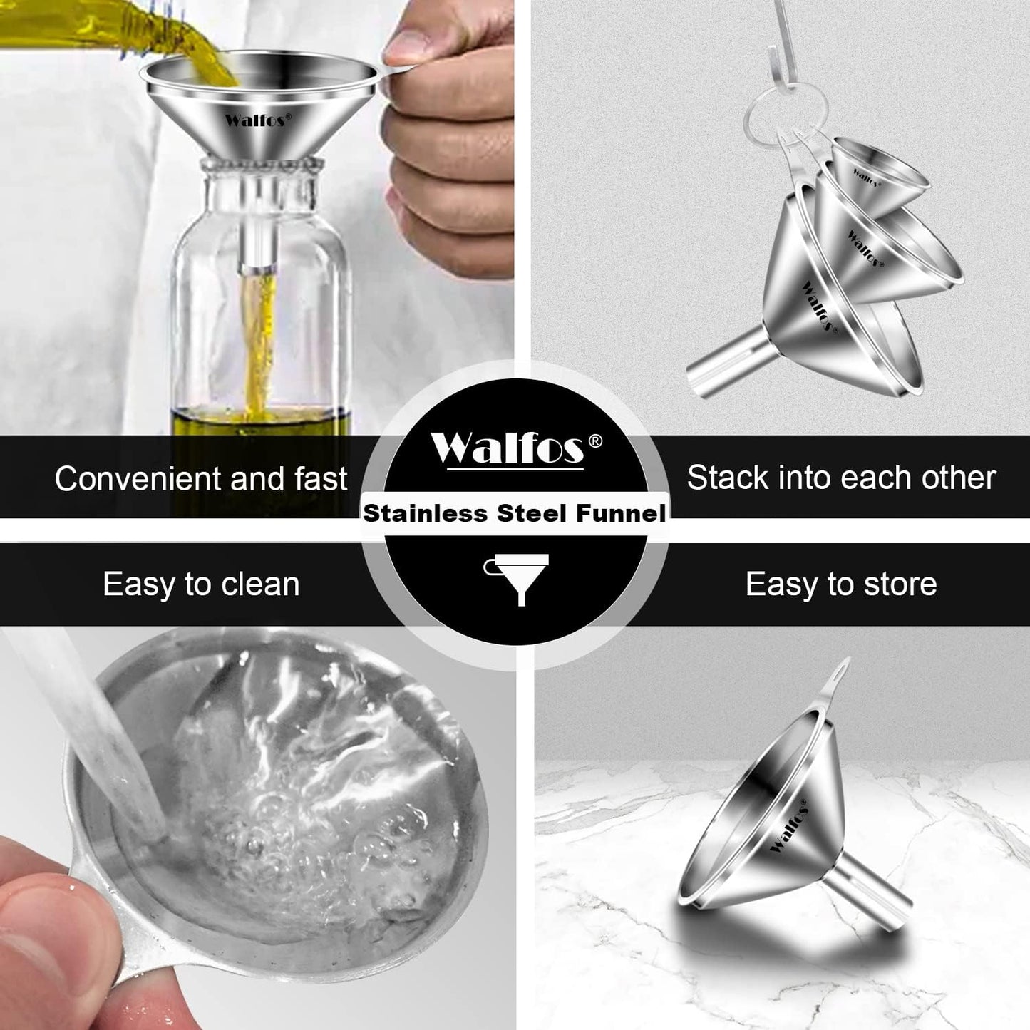 WALFOS Mini Stainless Steel Funnels, Multi-use Small Kitchen Funnel Set, for Transferring Liquid, Fluid, Essential Oils, Powder,Tiny Spices,Long-Lasting and Dishwasher Safe (3 in、2.2 in、1.7in)