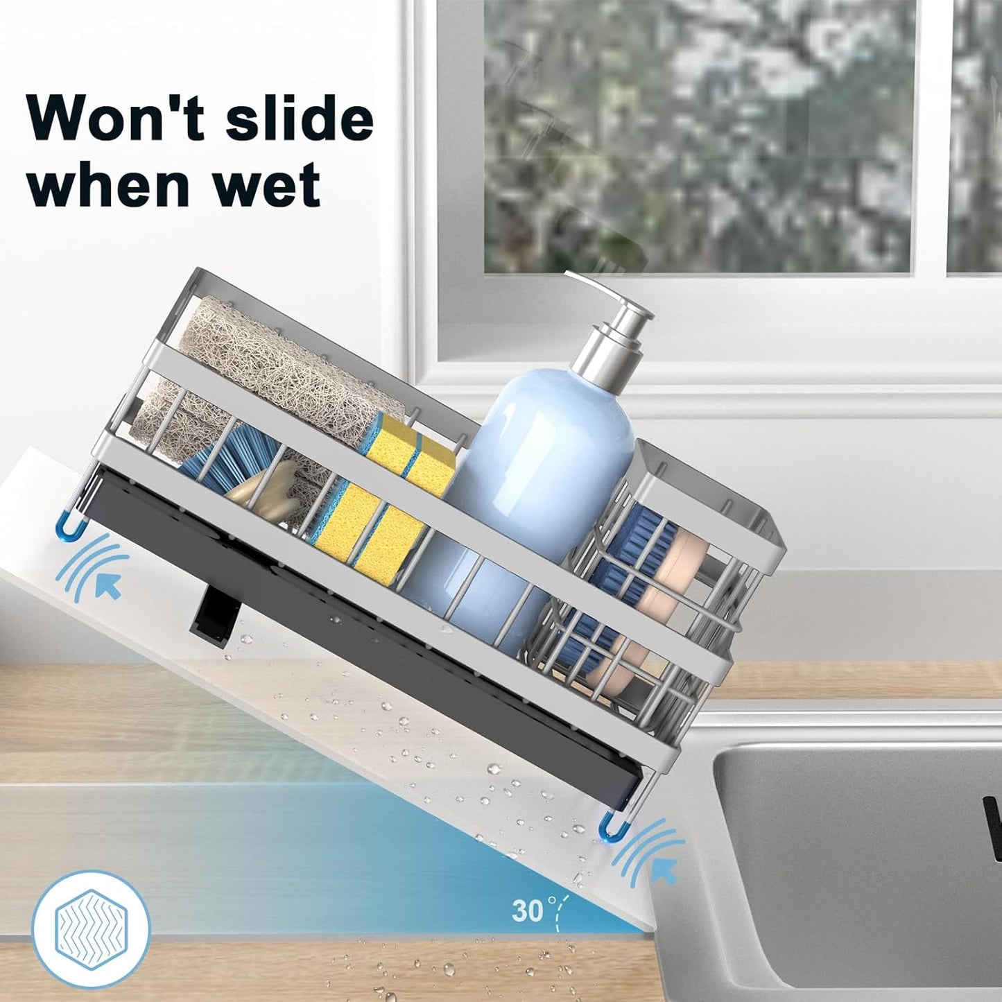 Kitchen Sink Caddy Organizer, Sponge Holder with High Brush Holder, Rustproof and Strong, anti slip, Self Draining spout is ideal，Keep Countertop Cleaning,Grey