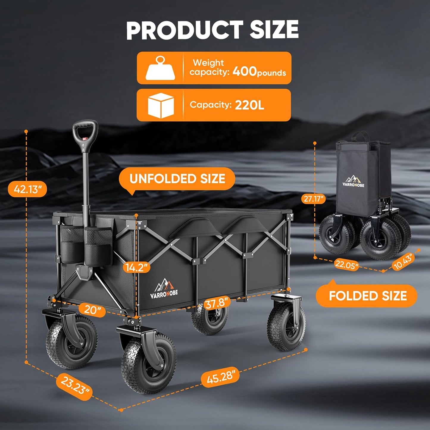 Beach Wagon with 10x3.5 Big Rubber Wheels for Sand, 400lbs Heavy Duty 220L Collapsible Utility Wagon, Easy Transport & Storage, Ideal for Sport, Camping, All-Terrain Outdoor Activities, Black